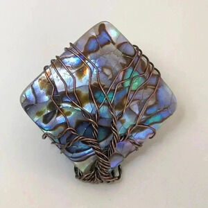Handmade Abalone Square Brass Tone Adjustable Free Size Tree of Life Ring